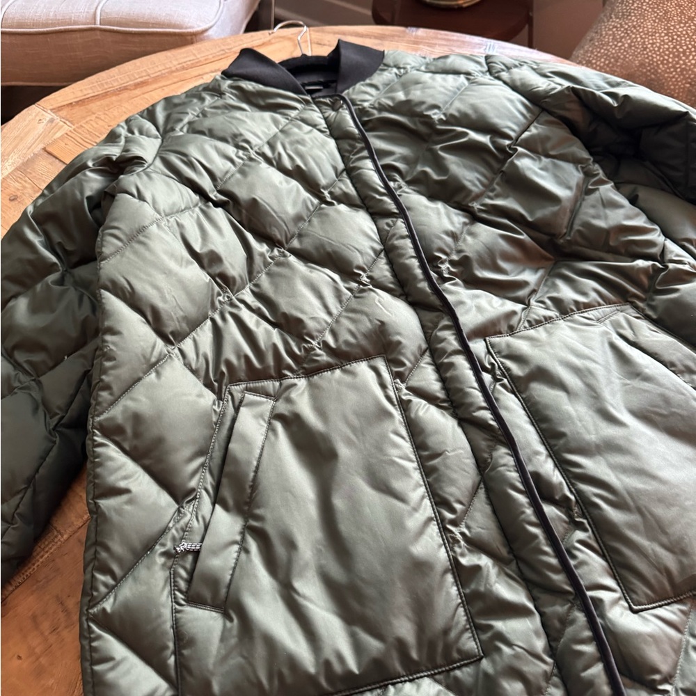 Olive green longer bomber jacket, quilted with snap/zipper closure
